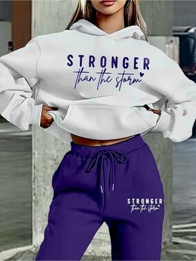 Stronger Than The Storm White Hoodie & Purple Joggers Set